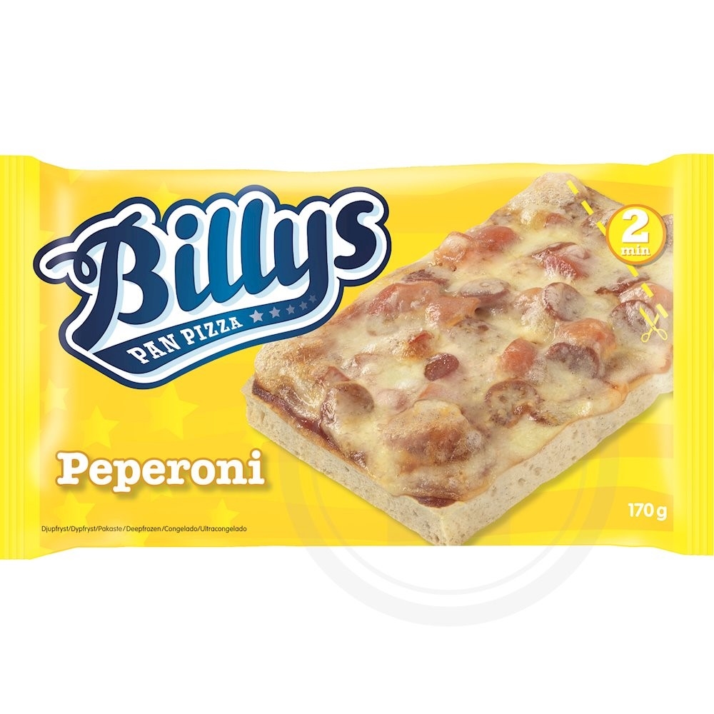Snackpizza pepperoni fra Billys pan pizza Leveret med